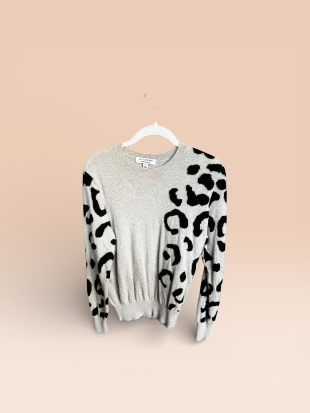 Autograph Cream Cashmere Crewneck Sweater with Black Leopard Sleeves